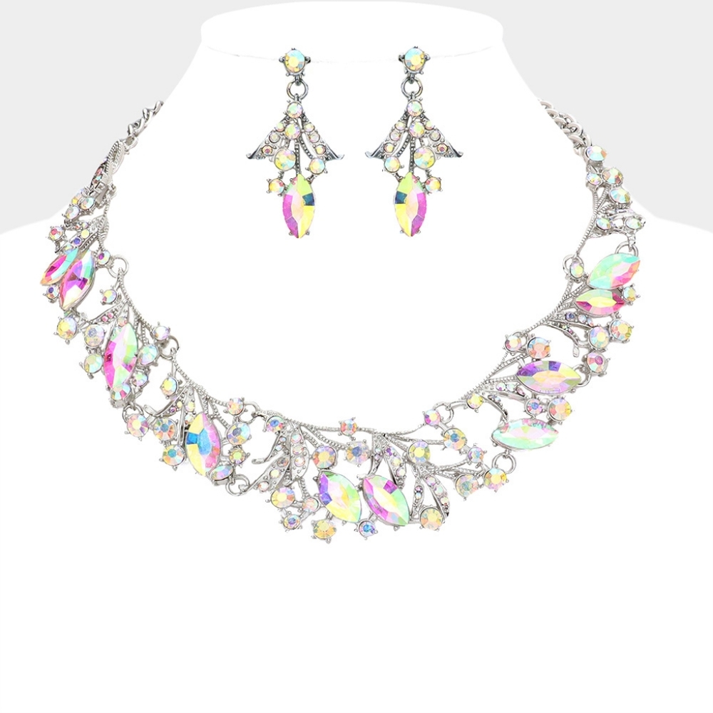 Silver Abalone Crystal Necklace Set Marquise Stone Leaf Formal Statement Jewelry